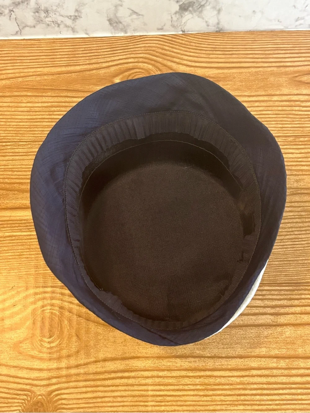 Vintage 60s Navy Blue Fabric Cloche Bucket Hat Off White Ribbon Bow Accent - Picture 7 of 10